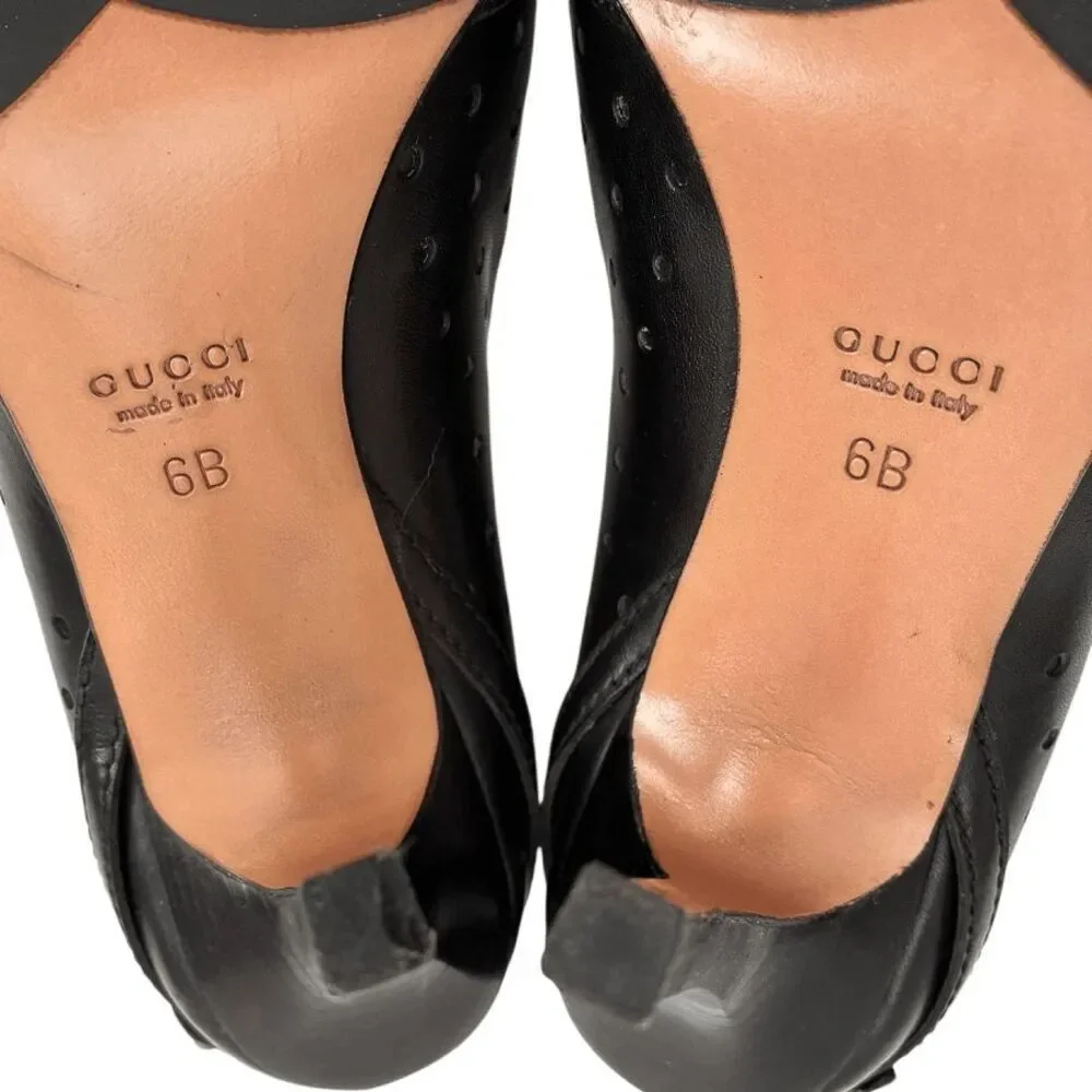 Gucci Interlocking G Black Leather Perforated Pumps Size 6 Womens High Heels - Picture 11 of 13